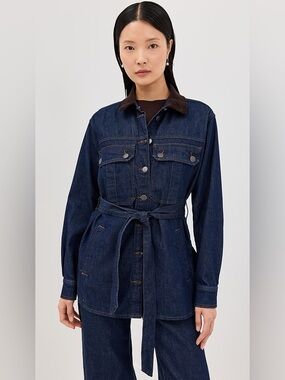 Veronica Beard Mikaela Belted Denim Shacket with Corduroy Collar Size XS